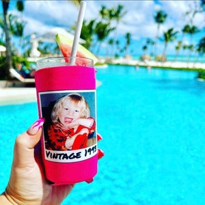 Vintage Photo Can Cooler, Custom Birthday Can Cooler, Funny Childhood Photo Drink Sleeve, 30th 40th 50th Birthday Party Favor