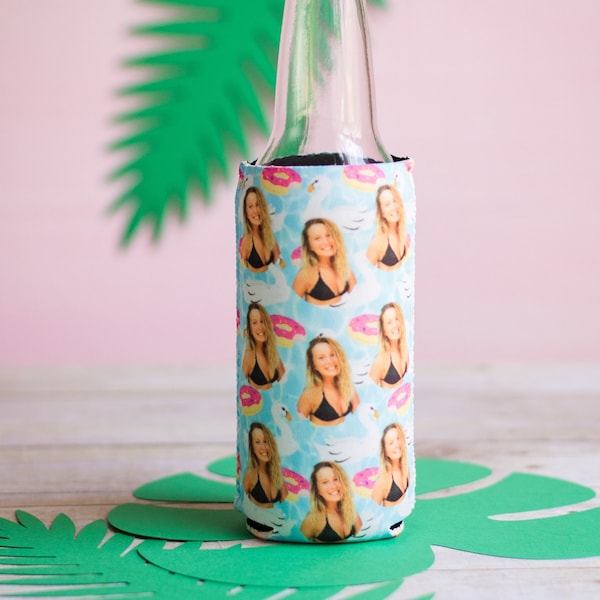 Custom Photo Bottle Cooler, Bachelorette Party Favor, Personalized Summer Pool Party Drink Sleeve, Girls Trip Party Favor
