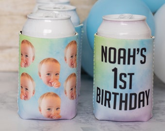 Custom can cooler, First Birthday favors, birthday decorations, personalized photo can cooler, 40th birthday can cooler, 30th birthday favor