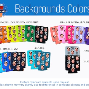 May include: A variety of colors for can coolers, including red, orange, yellow, lime, green, hunter green, coral, pink, hot pink, lilac, purple, light blue, blue, navy, aqua, teal, gray, and black.  The colors are shown on a white background with the text "Backgrounds Colors".