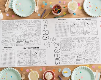 May include: A long white paper activity mat featuring black line art of dinosaurs, word searches, spot the difference puzzles, and mazes. The text includes DINO FOUR, DINOSAURS, WORD SEARCH, and SPOT 5 DIFFERENCES. It is surrounded by party supplies.