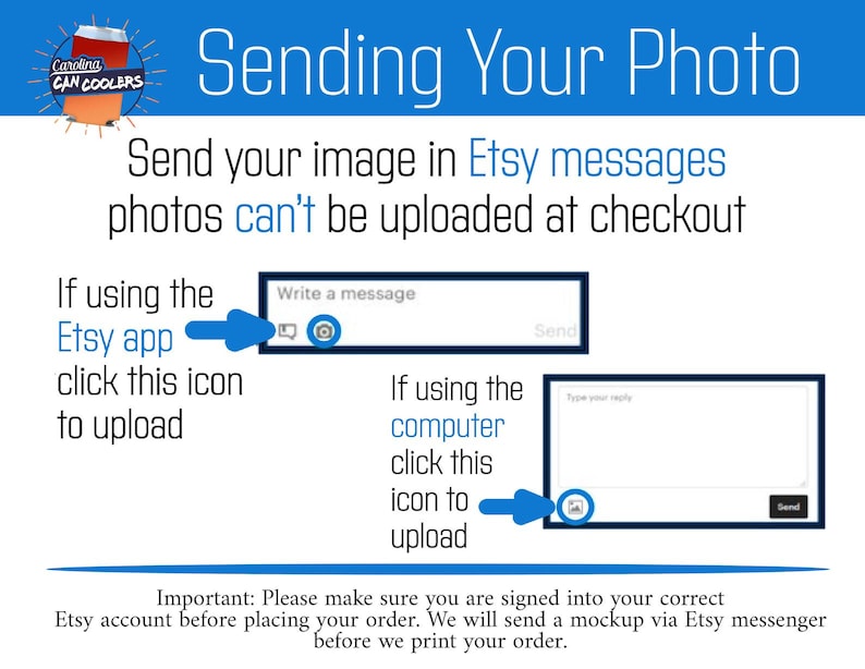 Może przedstawiać: Niebiesko-biała grafika z instrukcjami, jak wysłać zdjęcie do sprzedawcy na Etsy. Tekst brzmi "Sending Your Photo" i "Send your image in Etsy messages photos can't be uploaded at checkout". Grafika pokazuje dwa r&oacute;żne sposoby wysyłania zdjęcia, jeden dla aplikacji Etsy, a drugi dla komputera.