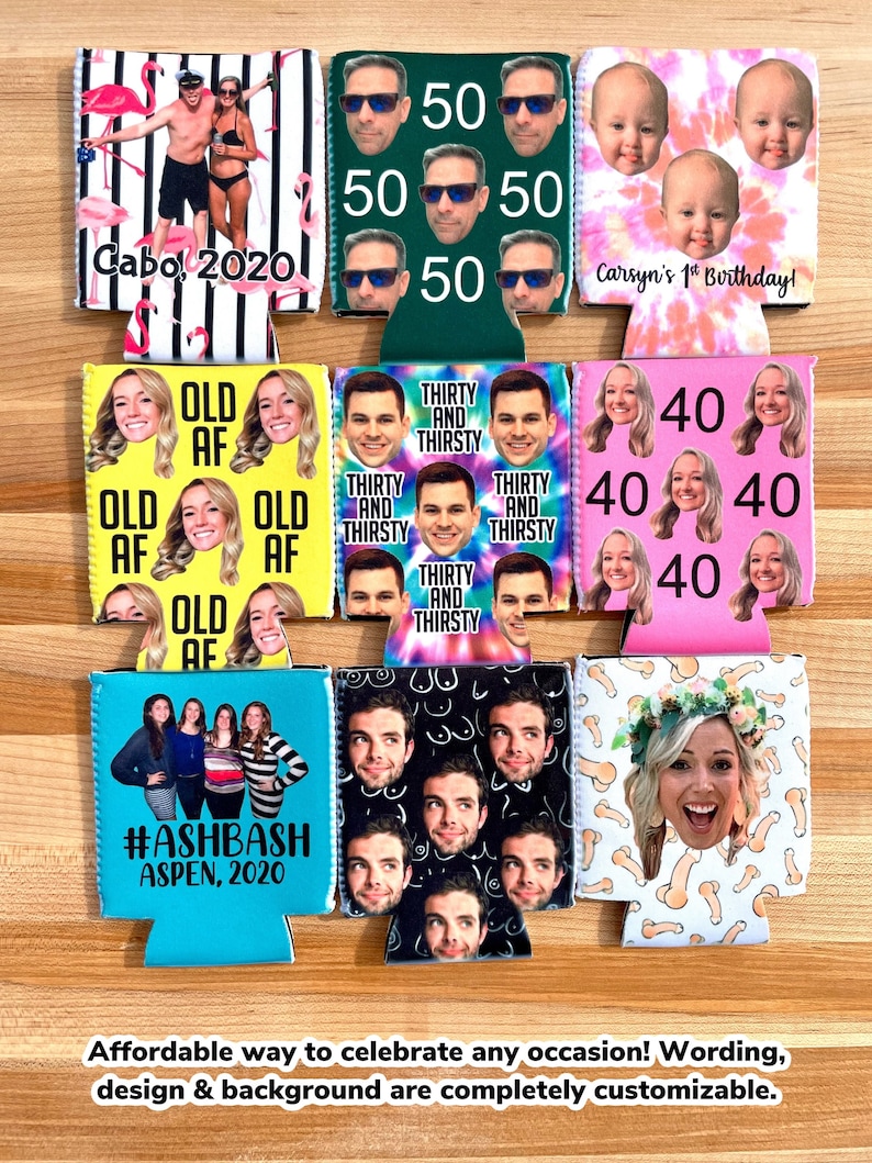 May include: A set of six personalized can coolers with various designs and text. The designs include a tropical scene with flamingos, a green background with the number 50, a tie-dye pattern with a baby's face, a pink background with the number 40, a blue background with the text "#ASHBASH ASPEN, 2020", and a black and white pattern with a person's face.