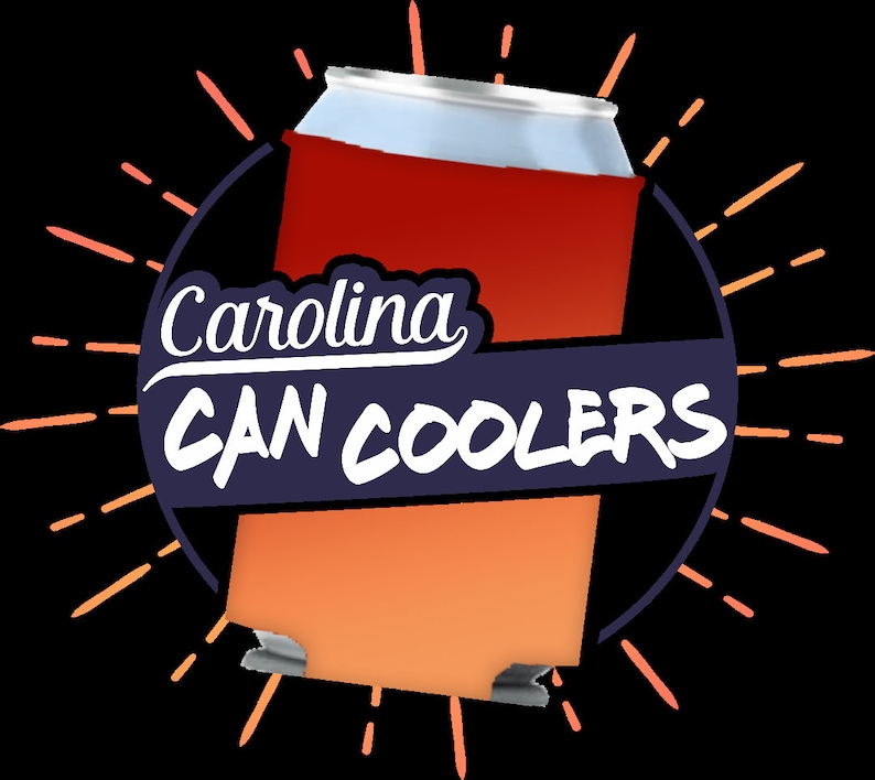 May include: A graphic logo featuring a red and orange can cooler centered within a dark blue circle. The text Carolina CAN COOLERS is displayed in white across the center. Orange lines radiate outward from the circle against a black background.