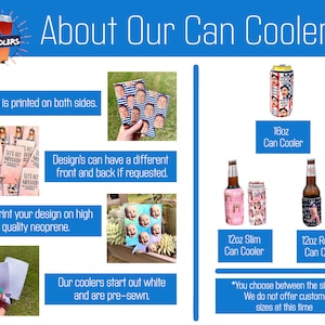 May include: A white, pre-sewn neoprene can cooler with a custom design printed on both sides. The cooler is available in three sizes: 12oz slim, 12oz regular, and 16oz. You can choose between the sizes, but custom sizes are not available at this time.