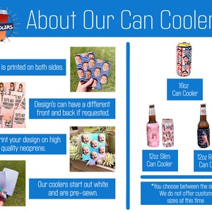 May include: A white, pre-sewn neoprene can cooler with a custom design printed on both sides. The cooler is available in three sizes: 12oz slim, 12oz regular, and 16oz. You can choose between the sizes, but custom sizes are not available at this time.