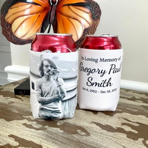 Celebration of Life Favors, Personalized Can cooler, Custom Can Cooler with Picture, Memorial Gift, Funeral Favors, In Memory Gifts