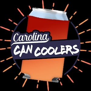 May include: A red and orange can cooler with the text "Carolina CAN COOLERS" in white on a navy blue background. The cooler is surrounded by orange sun rays.