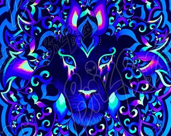 Blacklight Reactive Tapestry / UV Reactive Wall Art / Trippy Lion Art / Weird Colorful Home Decor / Psychedelic Home Decor / Strange Art