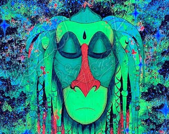 Blacklight Reactive Tapestry of Rafiki / UV Reactive Wall Art / Trippy Wall Art / Psychedelic Rafiki Art / Rasta Rafiki / Blacklight Art
