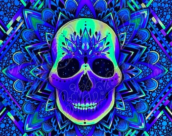Blacklight Tapestry of Burnout / Skull Art / Trippy Skull Art / UV Reactive Wall Art / Neon Skull Decor / Skull Decor / Psychedelic Skull