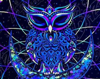 Blacklight Tapestry of Electro Owl / Owl Art / Neon Owl Wall Decor / UV Reactive Wall Art / Trippy Home Decor / Psychedelic Wall Art