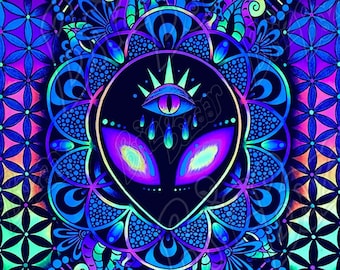 Blacklight Reactive Tapestry / UV Reactive Wall Art / Trippy Alien Art / Colorful Neon Home Decor / Alien and Space Art / Galactic Decor