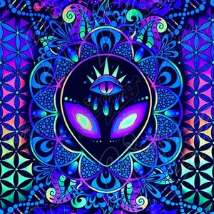 May include: A psychedelic tapestry with a black background and a colorful mandala design. The mandala features a glowing eye with a crown and a geometric pattern. The tapestry is perfect for adding a touch of trippy style to any room.
