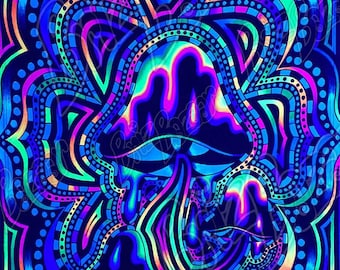 Blacklight Mushroom Tapestry / UV Reactive Art / Neon Mushroom Art / Trippy Neon Decor / Mushroom Decor / Psychedelic Neon Art