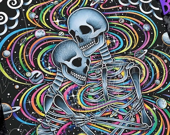 Skeleton Art / Trippy Skeleton Art Print / Giclée Art Print of Cosmic Lovers / Spirituelle Liebeskunst / Skull Art / Psychedelisches Dekor