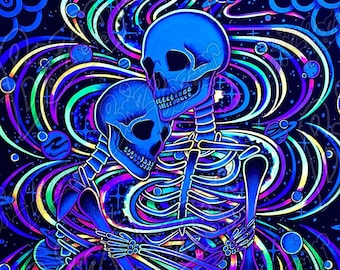 Blacklight Reactive Tapestry / UV Reactive Tapestry of Cosmic Lovers / Trippy Skeleton Art Decor / Spiritual Home Decor / Blacklight Art