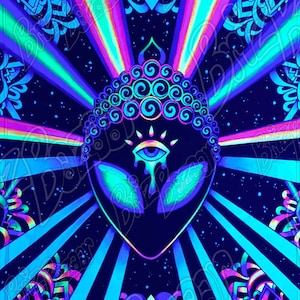 Blacklight Tapestry of Psy Vibez / Neon Alien Art / UV Reactive Art / Trippy Alien Art Decor / Spiritual Alien Art