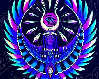 Blacklight Reactive Tapestry / UV Reactive Wall Decor / Egyptian Art / Goddess Aset / Trippy Home Decor / Spiritual Home Decor / Weird Art