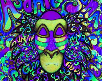 Blacklight Reactive Tapestry / UV Reactive Wall Decor / Rafiki Art / Trippy Home Decor / Spiritual Rafiki Art / Peaceful Art / Rafiki Decor