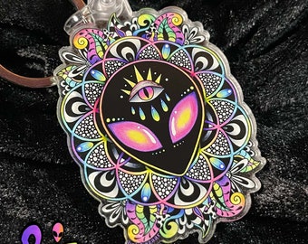 Acrylic Keychain of Star Seed / Trippy Alien Keychain / Alien Mandala Art / Spiritual Mandala Art / Sacred Geometry / Colorful Neon Art