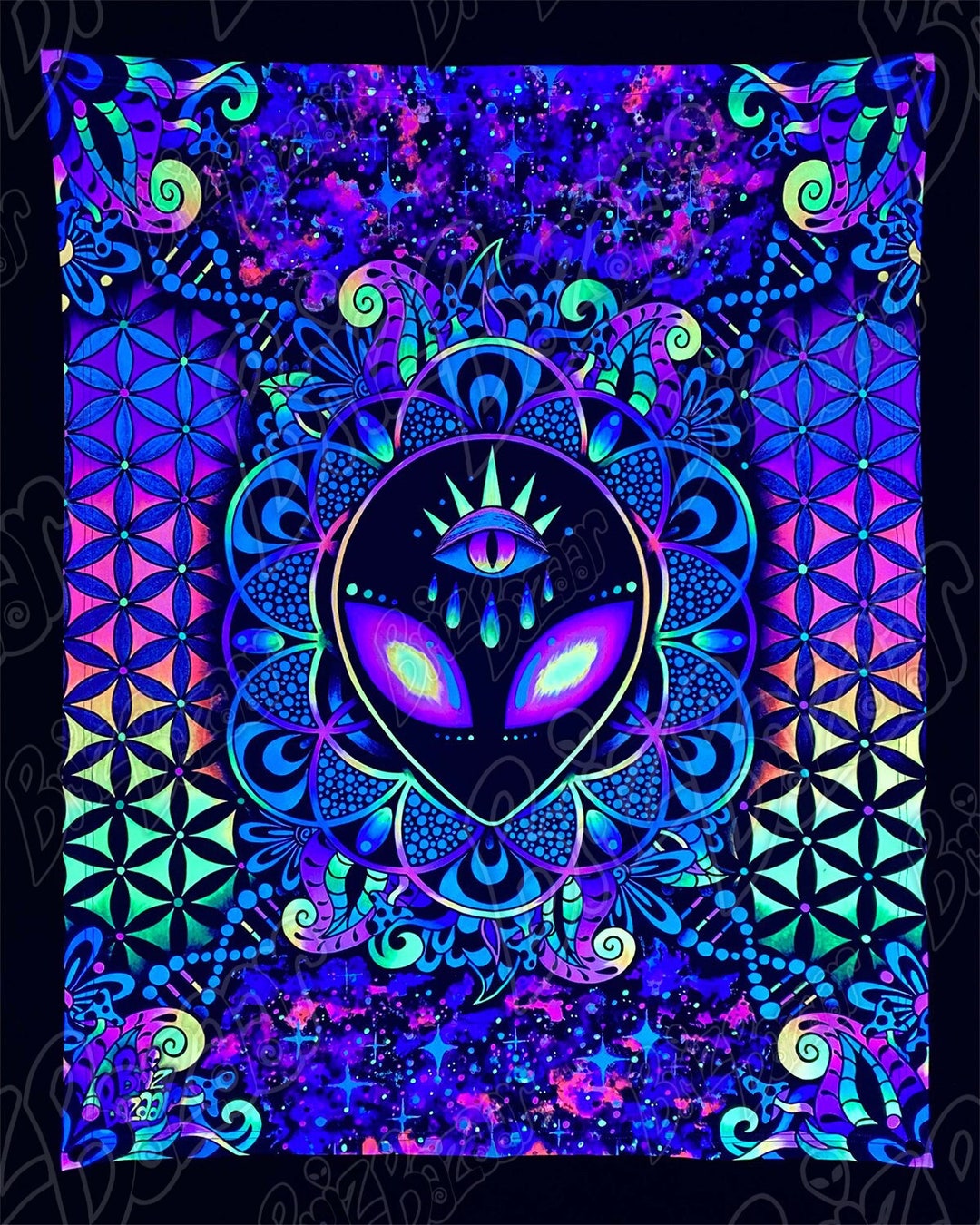 Blacklight Reactive Tapestry / UV Reactive Wall Art / Trippy Alien