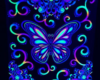 Butterfly Art / Butterfly Blacklight Art / Trippy Butterfly Art / Butterfly Decor / Psychedelic Home Decor / UV Reactive Wall Art
