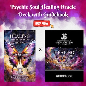 May include: A colorful oracle deck and guidebook with a butterfly design. The deck is titled "Healing: The Effects of Psychic Trauma" and the guidebook is titled "Healing: The Effects of Psychic Trauma - Soul Healing Oracle Deck".
