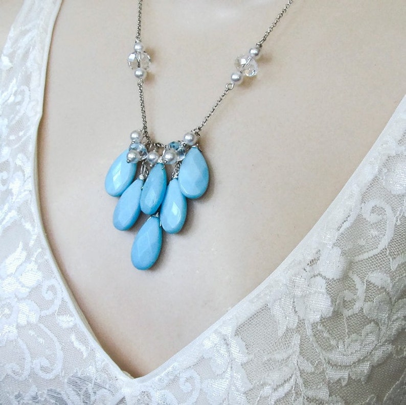 Blue statement necklace Turquoise bib necklace Big bold jewelry White pearl bib necklace Blue bib necklace Mother of the bride Gift for her