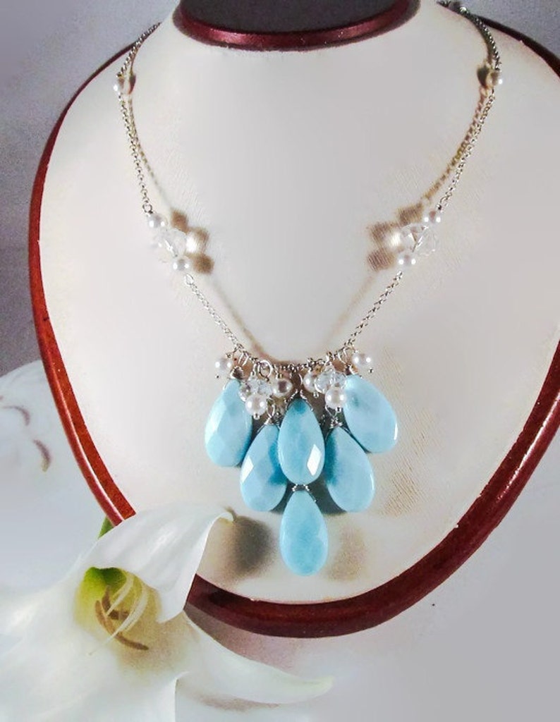 Blue statement necklace Turquoise bib necklace Big bold jewelry White pearl bib necklace Blue bib necklace Mother of the bride Gift for her