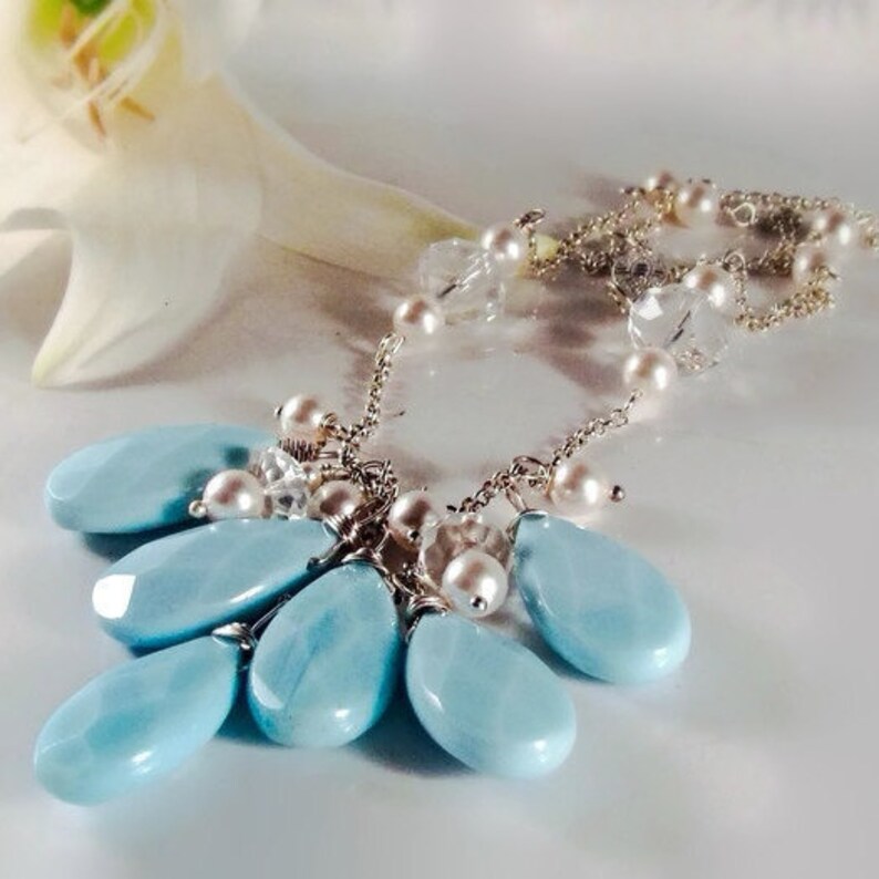 Blue statement necklace Turquoise bib necklace Big bold jewelry White pearl bib necklace Blue bib necklace Mother of the bride Gift for her