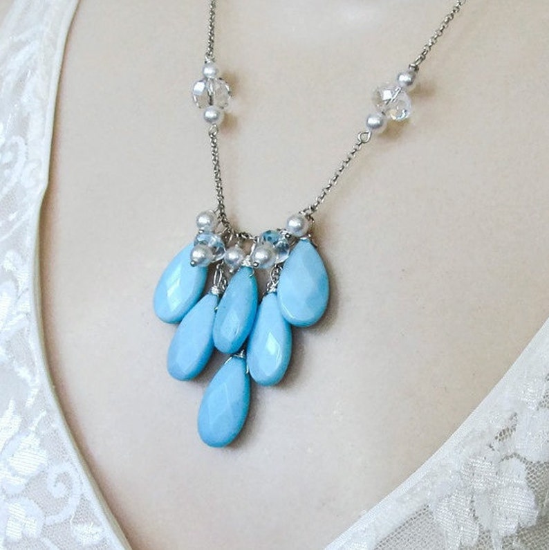 Blue statement necklace Turquoise bib necklace Big bold jewelry White pearl bib necklace Blue bib necklace Mother of the bride Gift for her