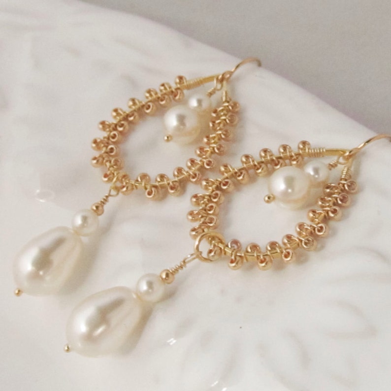 Pearl Drop Earrings Gold Bridal Earrings Unique Pearl Jewelry Etsy