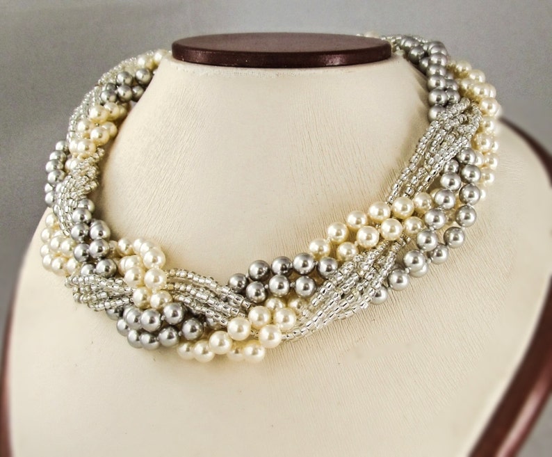 Grey pearl chunky necklace Braided pearl necklace Bridal pearl jewelry Silver Statement necklace Elegant wedding Bridal jewelry Gift for her image 3
