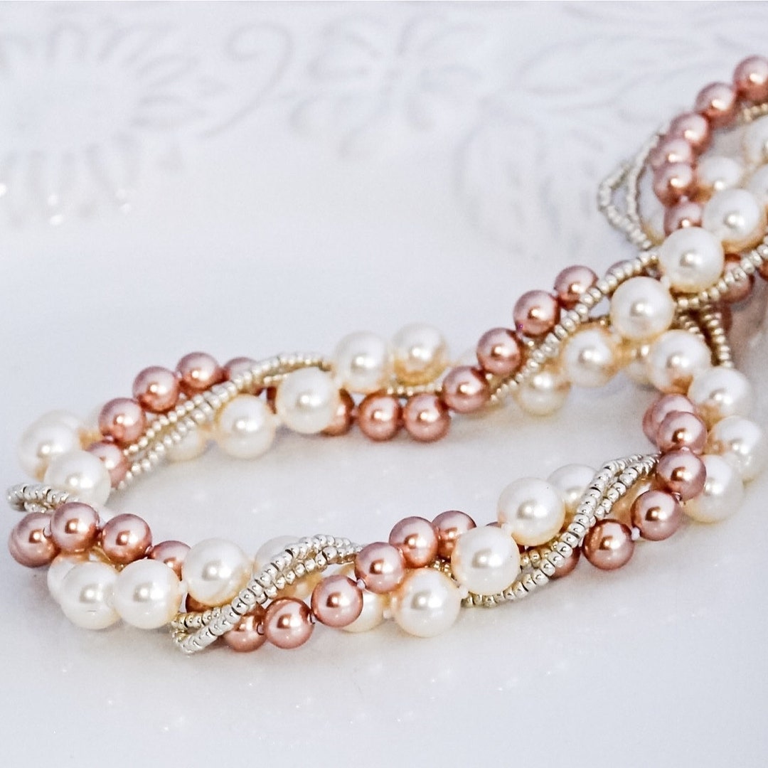 Rose Gold Pearl Necklace Cream Twisted Pearl Jewelry Rose Bridesmaids ...