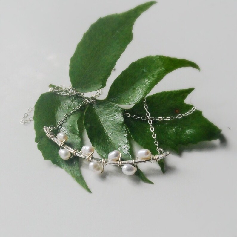 Sterling Silver Pearl Necklace Vine Silver Bar Necklace Pearl Etsy