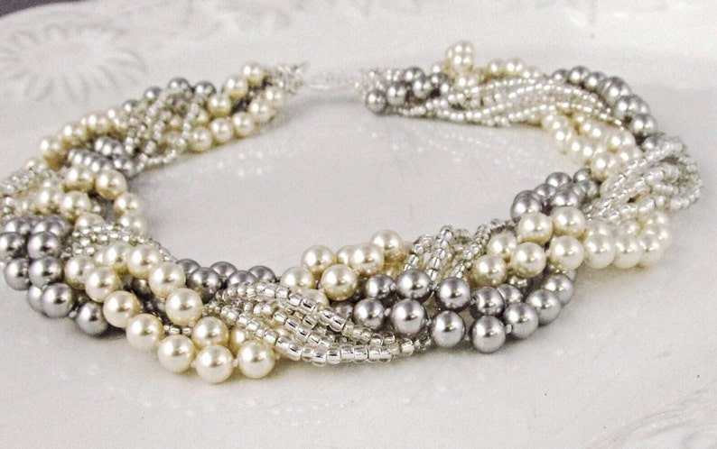 Grey pearl chunky necklace Braided pearl necklace Bridal pearl jewelry Silver Statement necklace Elegant wedding Bridal jewelry Gift for her image 2