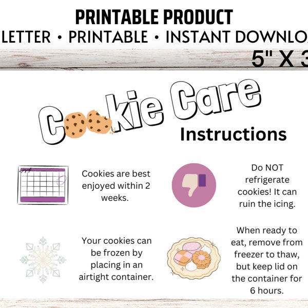 Simple Cookie Care Card - Instructions - 3.5"x5" - Printable - Digital Download - Cookie Tag