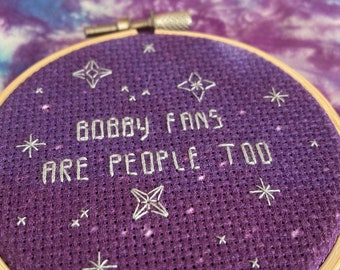 Bobby Fans are People Too, Bob Weir, Grateful Dead - 3" Cross Stitch Finished in Hoop - Free Shipping