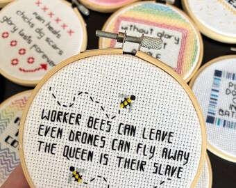 Worker Bees Can Leave - Fight Club Haiku - Finished Cross Stitch in 4" Hoop