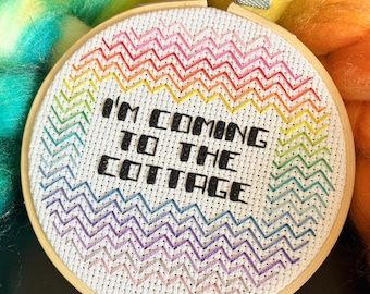I'm Coming to the Cottage, Heated Rivalry, Cross Stitch Finished in 5" Hoop