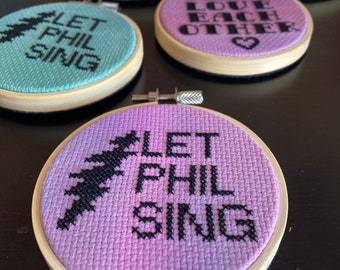 Let Phil Sing, Grateful Dead - 3" Cross Stitch Finished in Hoop - Free Shipping