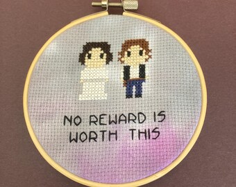 No Reward is Worth This - Han & Leia - Cross Stitch Ornament - Finished in Hoop 4"