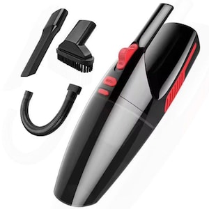 May include: A black handheld vacuum cleaner with a red accent and a clear dustbin. It comes with a crevice tool, a brush attachment, and a flexible hose.