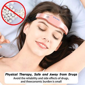 Könnte beinhalten: Eine Frau trägt ein rosa Stirnband mit einem blauen Licht. Das Stirnband ist für die Physiotherapie gedacht. Der Text auf dem Bild lautet "Physical Therapy, Safe and Away from Drugs Avoid the reliability and side effects of drugs, and theeconomic burden is small".
