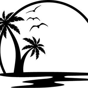 Beach and Palm Trees in sun Vinyl Window Decal - The Black in the sample is the &quot;color&quot; of the vinyl, white is clear