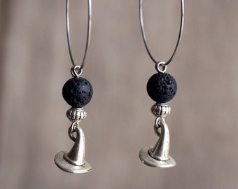 Witch hats earrings ~ Long dangle hoop earrings ~ Lava stone earrings ~ Big hoop earrings ~ Stainless steel hoop earrings ~ Witchy jewelry