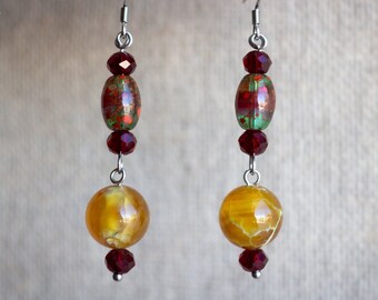 Dangle beaded earrings ~ Glass beads and gemstone earrings ~ Stainless steel ear wires ~ Colorful earrings ~ Agate earrings