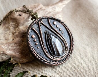 Black banded agate pendant ~ Hand sculpted gemstone and polymer clay jewelry ~ Unique agate necklace ~ Polymer clay crystal jewelry