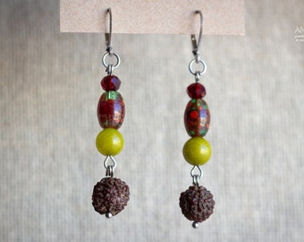 Dangle beaded earrings ~ Upcycled earrings ~ Stainless steel lever back earrings ~ Green jade, rudraksha beads and glass beads earrings